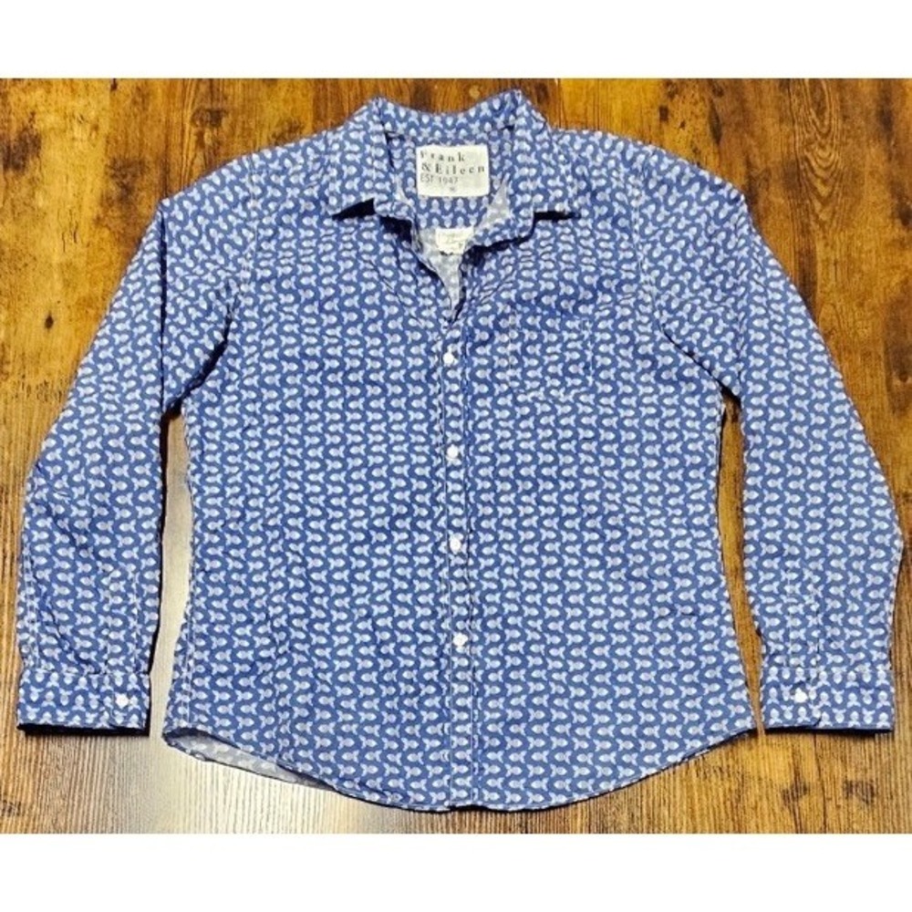 Frank‎ & Eileen Blue Button Up Long Sleeve Shirt White Fish Size Women's XL